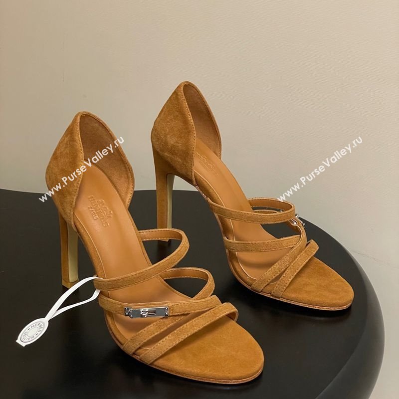 Hermes Lipstick Heel Sandals 10.5cm with Kelly Buckle in Suede Brown 2025 (MD-251023177)