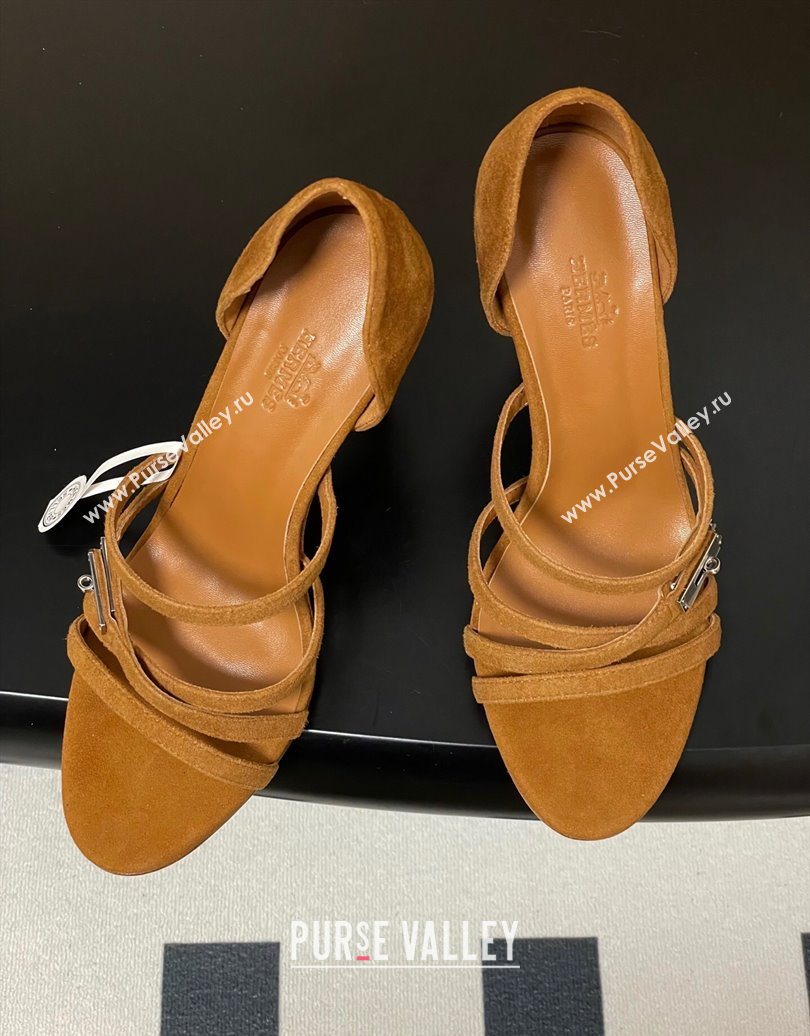 Hermes Lipstick Heel Sandals 10.5cm with Kelly Buckle in Suede Brown 2025 (MD-251023177)