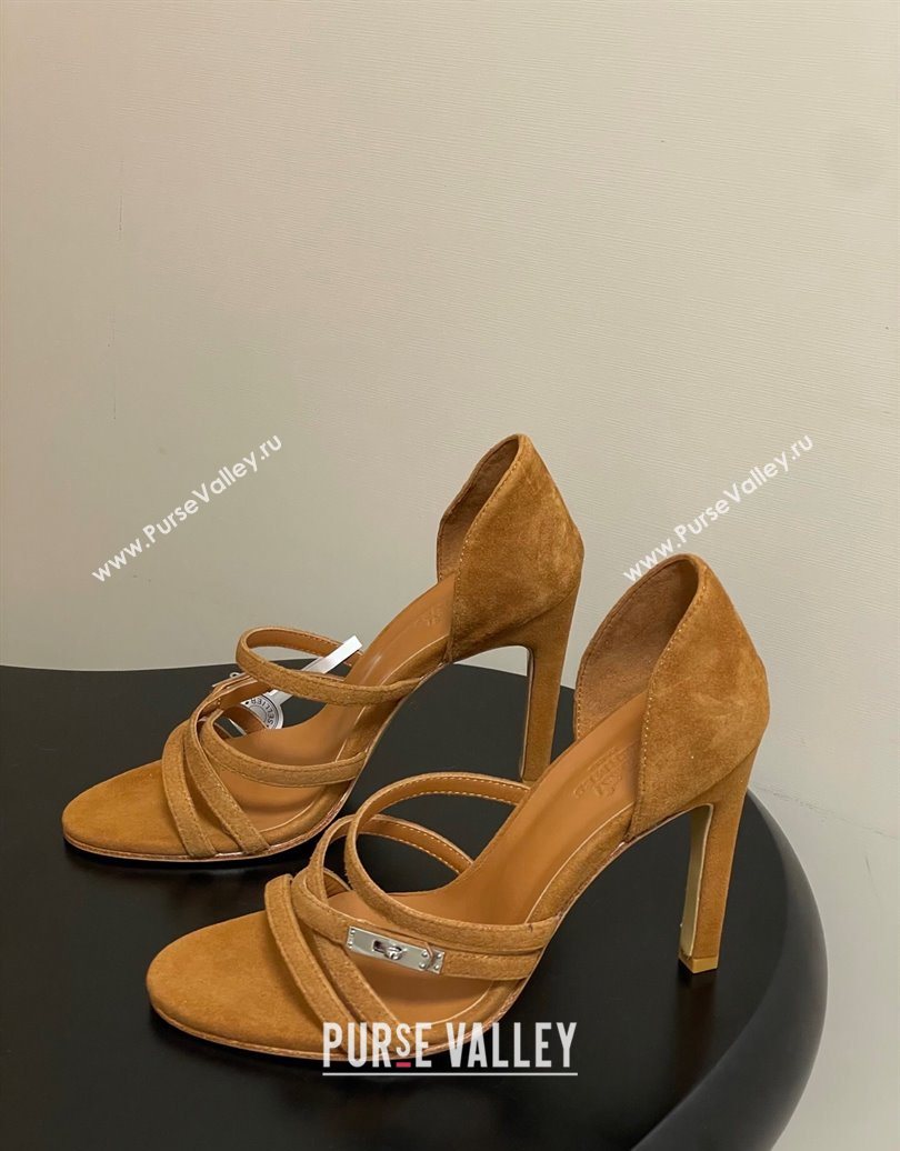 Hermes Lipstick Heel Sandals 10.5cm with Kelly Buckle in Suede Brown 2025 (MD-251023177)