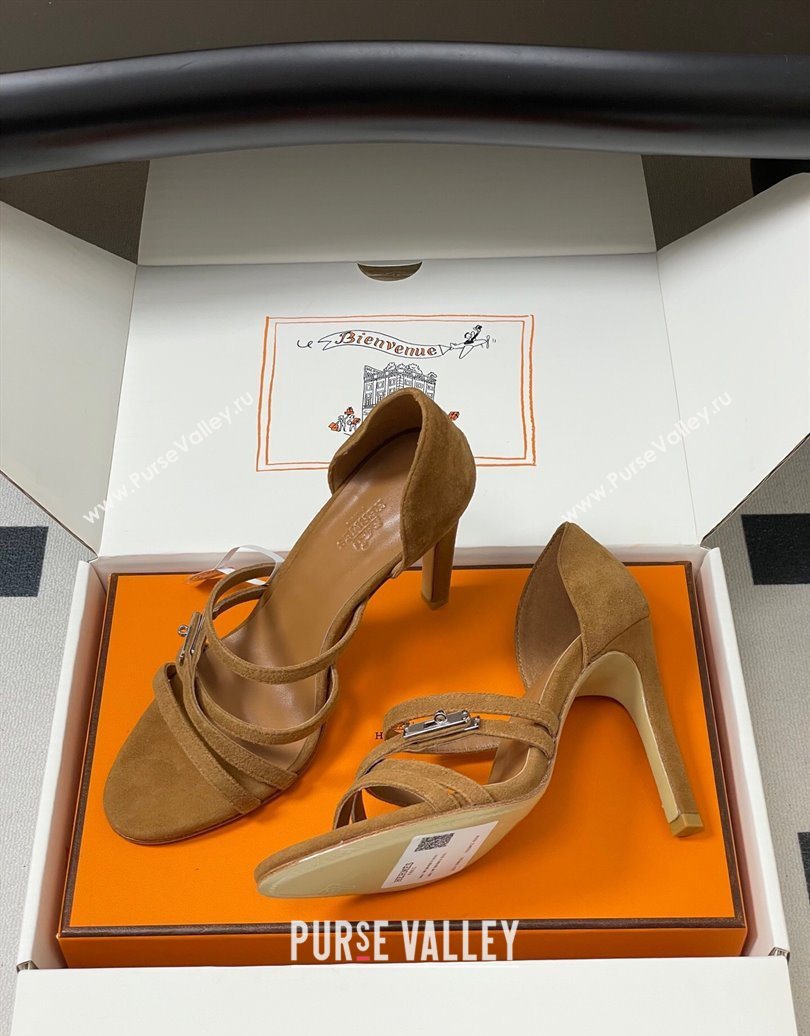 Hermes Lipstick Heel Sandals 10.5cm with Kelly Buckle in Suede Brown 2025 (MD-251023177)
