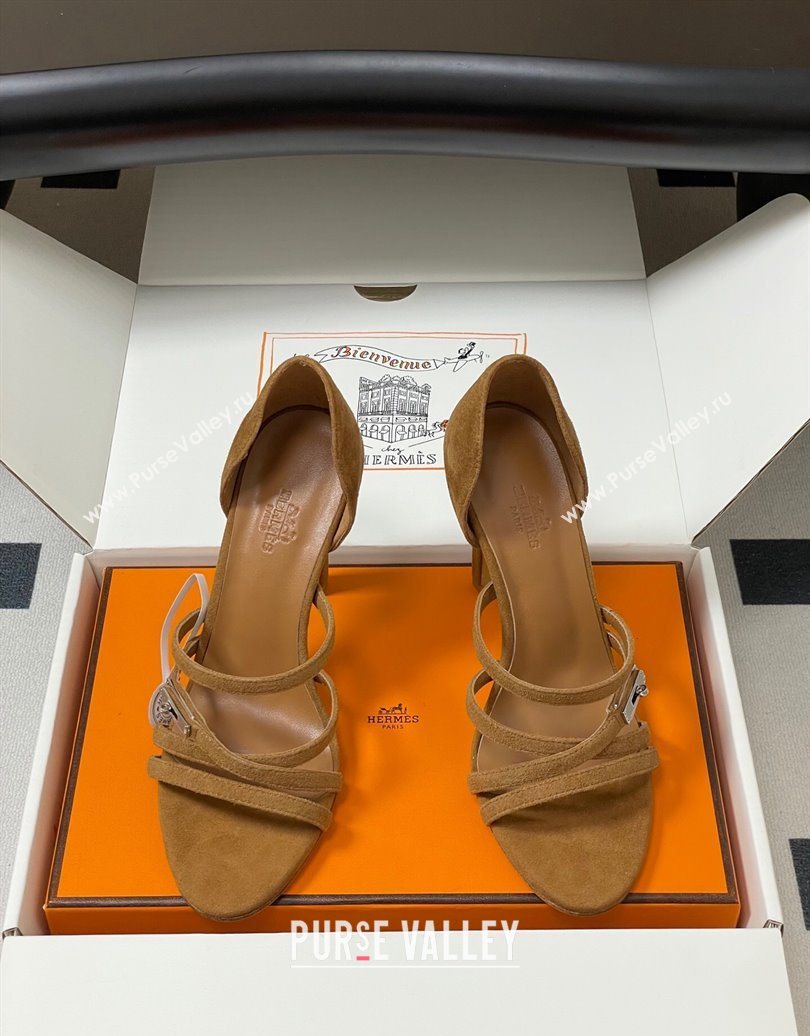 Hermes Lipstick Heel Sandals 10.5cm with Kelly Buckle in Suede Brown 2025 (MD-251023177)
