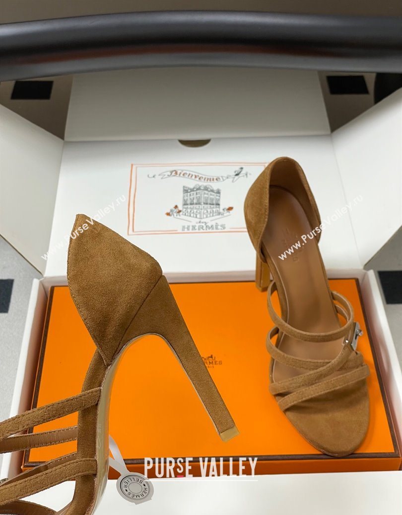 Hermes Lipstick Heel Sandals 10.5cm with Kelly Buckle in Suede Brown 2025 (MD-251023177)