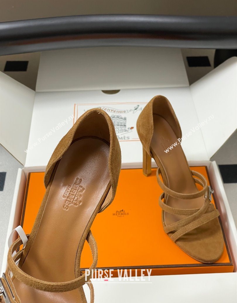Hermes Lipstick Heel Sandals 10.5cm with Kelly Buckle in Suede Brown 2025 (MD-251023177)