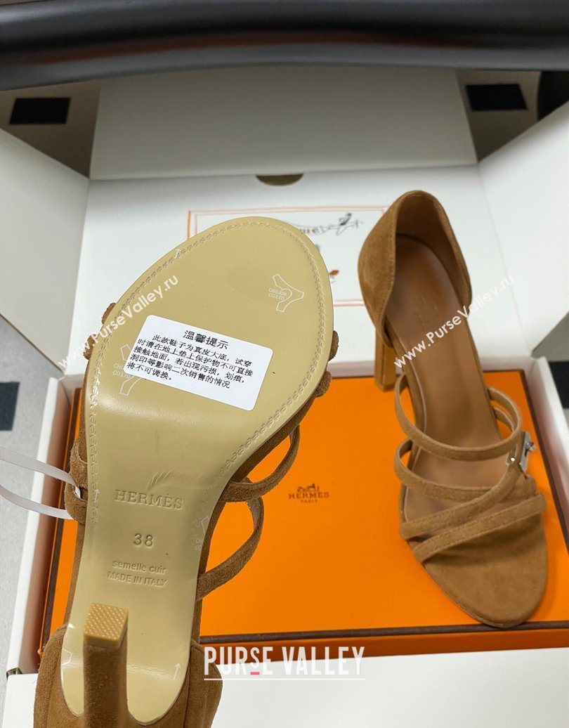 Hermes Lipstick Heel Sandals 10.5cm with Kelly Buckle in Suede Brown 2025 (MD-251023177)