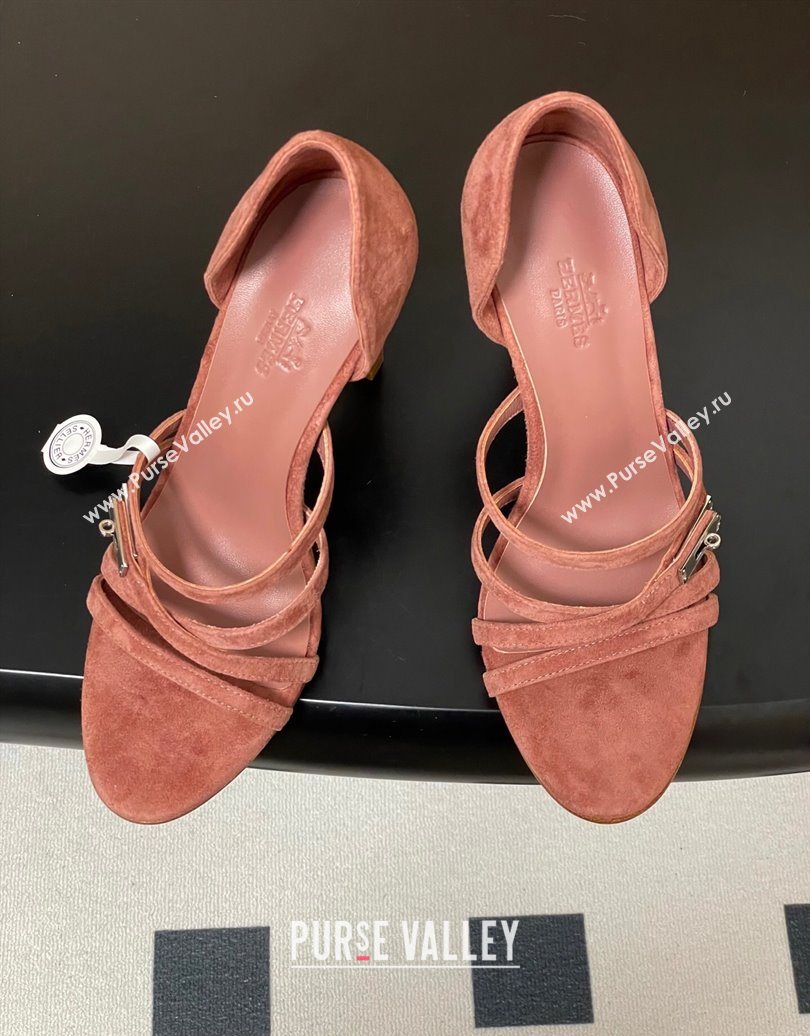 Hermes Lipstick Heel Sandals 10.5cm with Kelly Buckle in Suede Pink 2025 (MD-251023178)