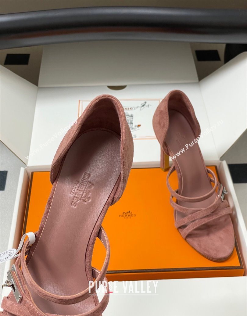 Hermes Lipstick Heel Sandals 10.5cm with Kelly Buckle in Suede Pink 2025 (MD-251023178)