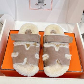Hermes Chypre Flat Slides Sandal in Suede and Shearling Grey 2025 H102307 (MD-251023118)