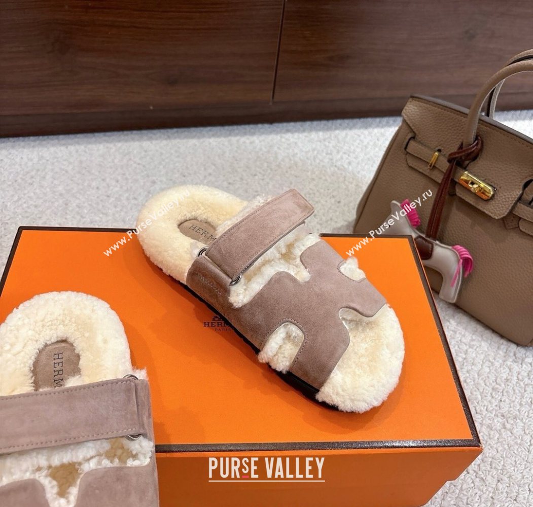 Hermes Chypre Flat Slides Sandal in Suede and Shearling Grey 2025 H102307 (MD-251023118)