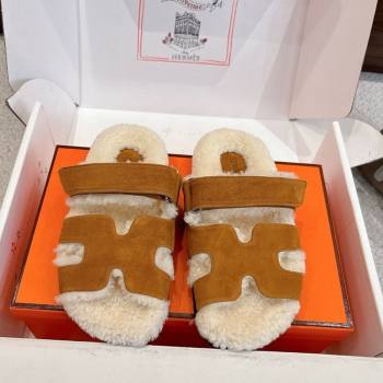 Hermes Chypre Flat Slides Sandal in Suede and Shearling Brown Yellow 2025 H102307 (MD-251023119)