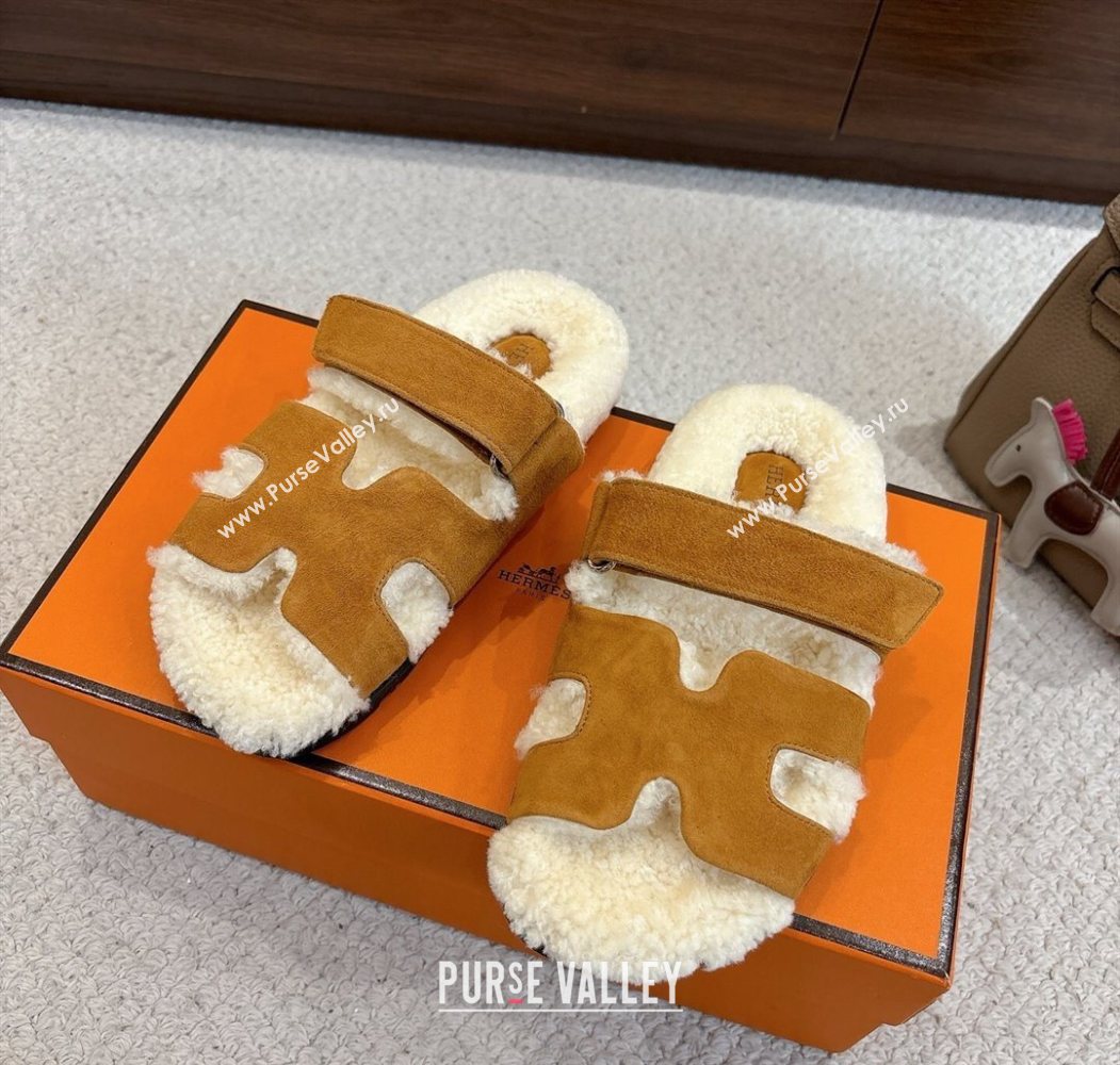 Hermes Chypre Flat Slides Sandal in Suede and Shearling Brown Yellow 2025 H102307 (MD-251023119)