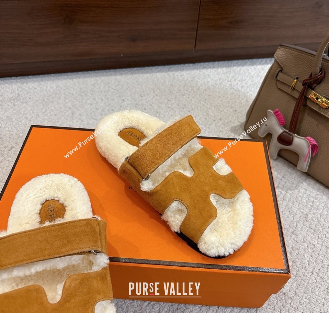 Hermes Chypre Flat Slides Sandal in Suede and Shearling Brown Yellow 2025 H102307 (MD-251023119)