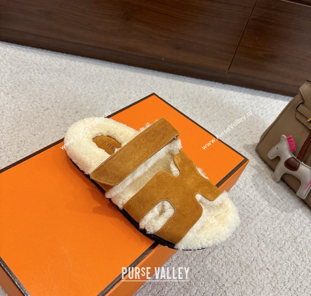 Hermes Chypre Flat Slides Sandal in Suede and Shearling Brown Yellow 2025 H102307 (MD-251023119)