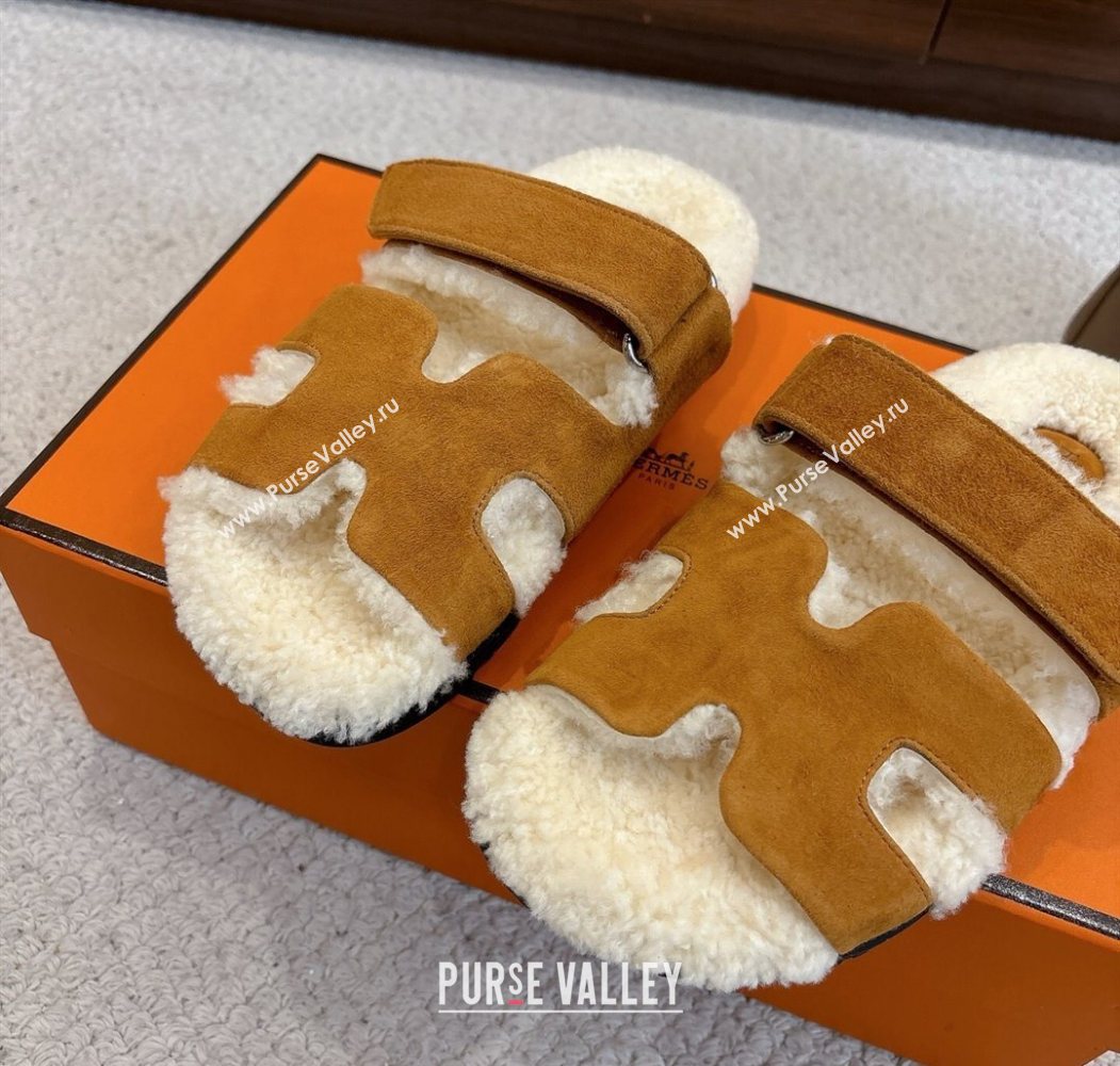 Hermes Chypre Flat Slides Sandal in Suede and Shearling Brown Yellow 2025 H102307 (MD-251023119)