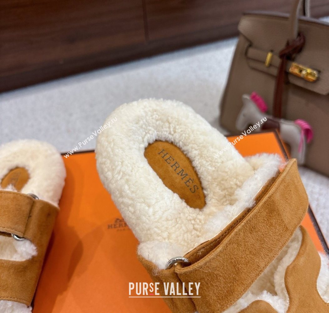 Hermes Chypre Flat Slides Sandal in Suede and Shearling Brown Yellow 2025 H102307 (MD-251023119)