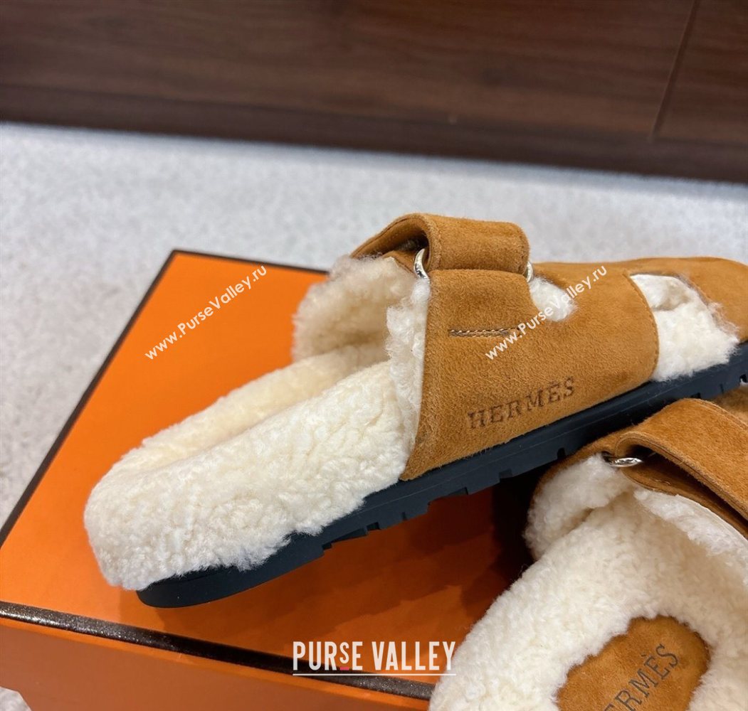 Hermes Chypre Flat Slides Sandal in Suede and Shearling Brown Yellow 2025 H102307 (MD-251023119)