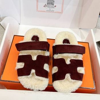 Hermes Chypre Flat Slides Sandal in Suede and Shearling Burgundy 2025 H102307 (MD-251023120)
