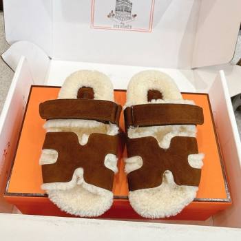 Hermes Chypre Flat Slides Sandal in Suede and Shearling Dark Brown 2025 H102307 (MD-251023121)