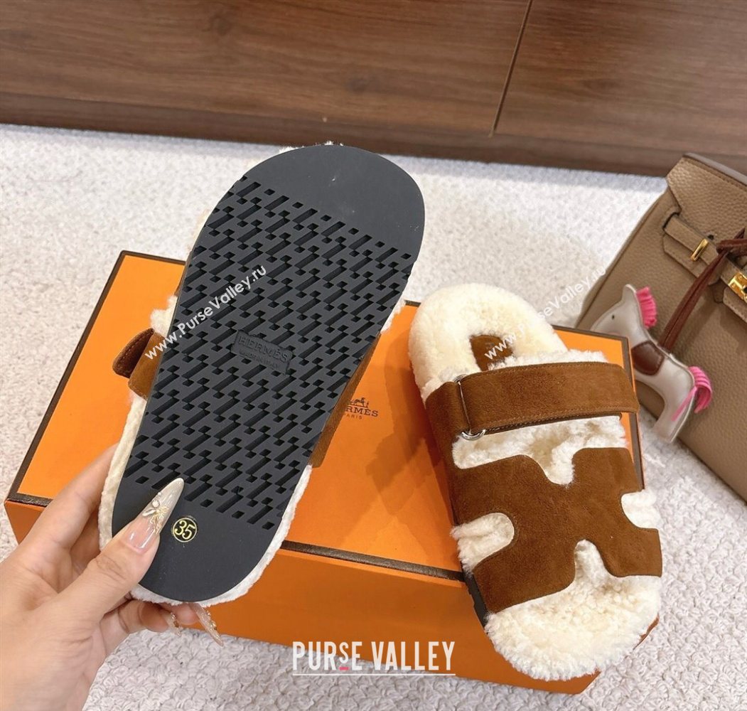 Hermes Chypre Flat Slides Sandal in Suede and Shearling Dark Brown 2025 H102307 (MD-251023121)