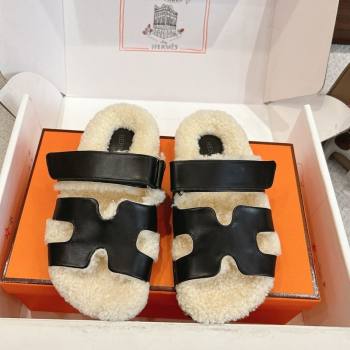 Hermes Chypre Flat Slides Sandal in Calfskin Leather and Shearling Black 2025 H102307 (MD-251023122)