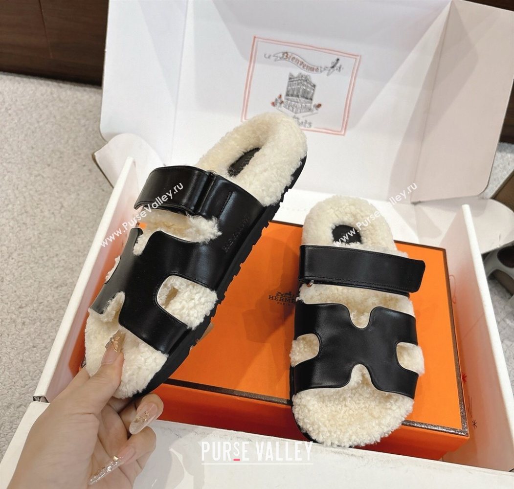 Hermes Chypre Flat Slides Sandal in Calfskin Leather and Shearling Black 2025 H102307 (MD-251023122)