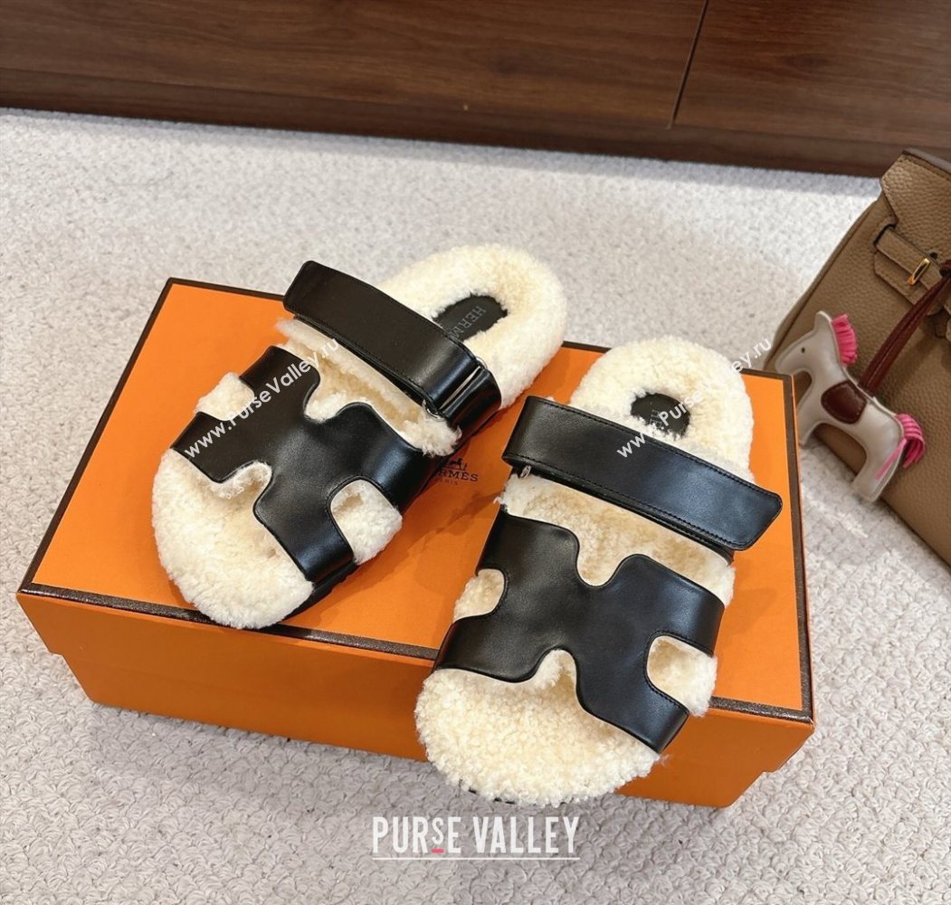 Hermes Chypre Flat Slides Sandal in Calfskin Leather and Shearling Black 2025 H102307 (MD-251023122)