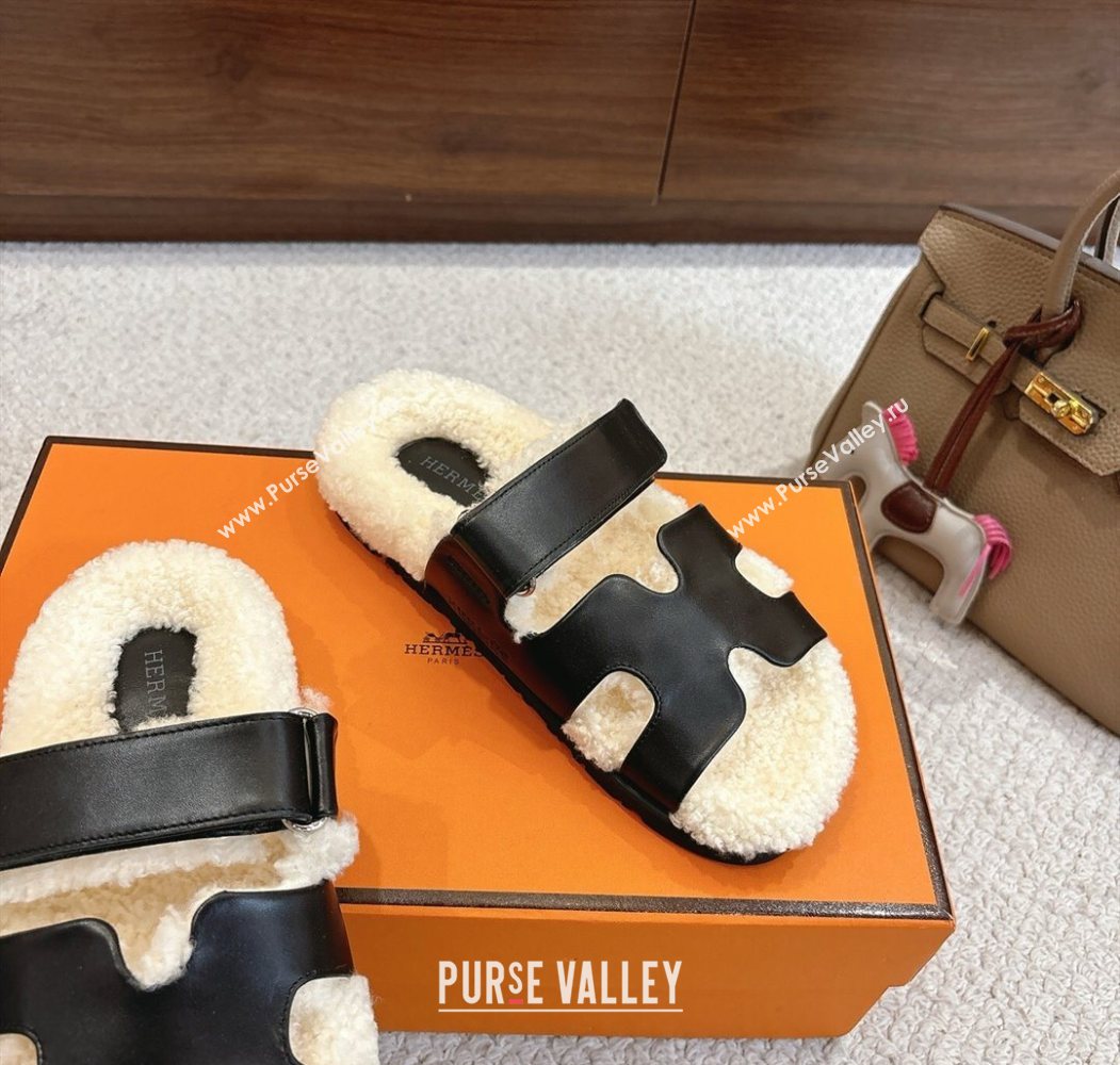 Hermes Chypre Flat Slides Sandal in Calfskin Leather and Shearling Black 2025 H102307 (MD-251023122)