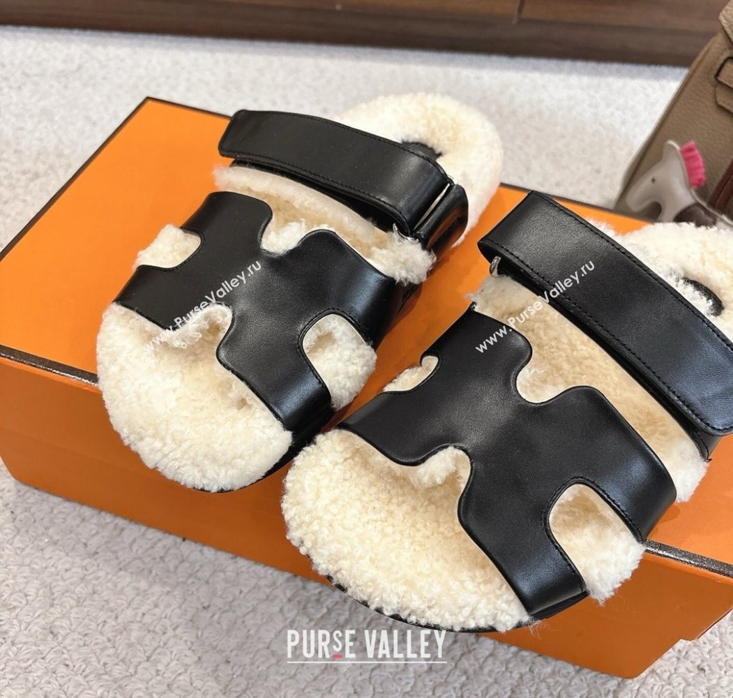 Hermes Chypre Flat Slides Sandal in Calfskin Leather and Shearling Black 2025 H102307 (MD-251023122)