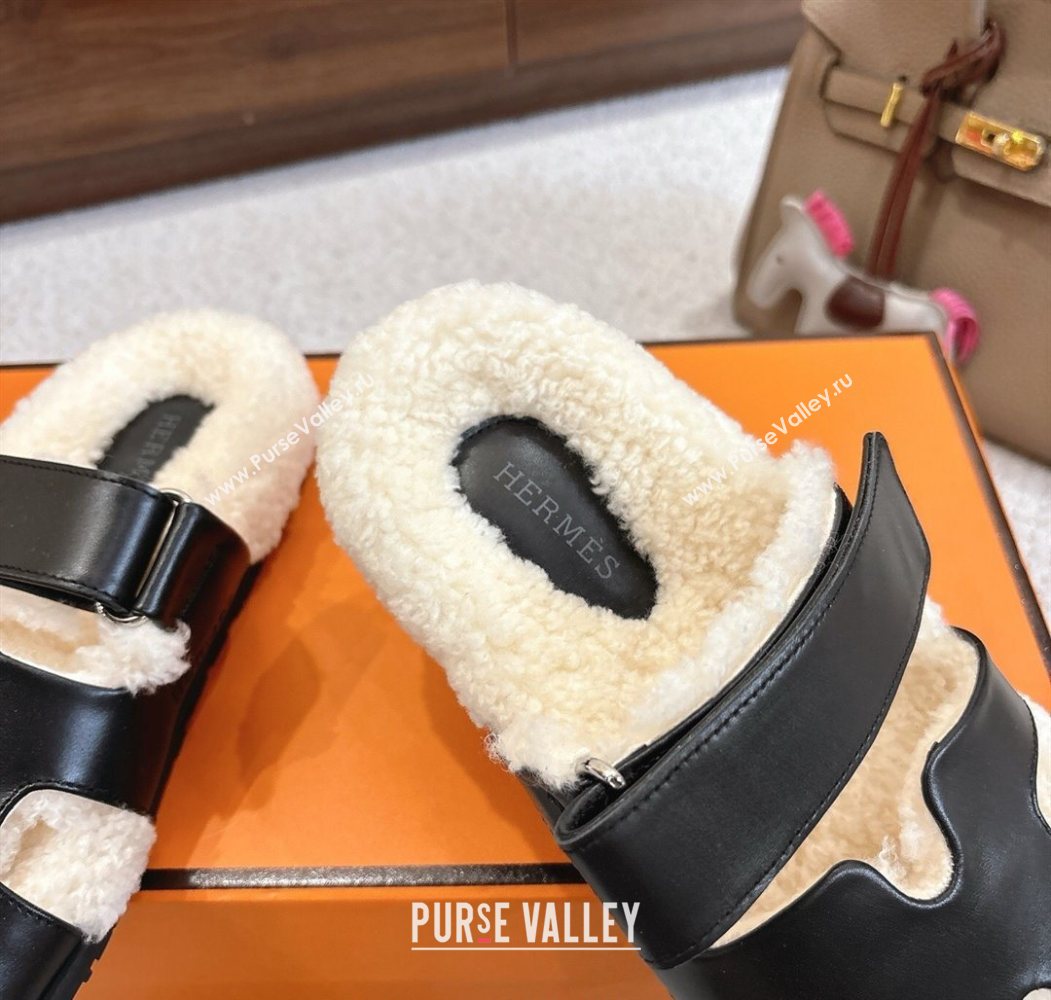 Hermes Chypre Flat Slides Sandal in Calfskin Leather and Shearling Black 2025 H102307 (MD-251023122)