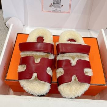 Hermes Chypre Flat Slides Sandal in Calfskin Leather and Shearling Red 2025 H102307 (MD-251023123)