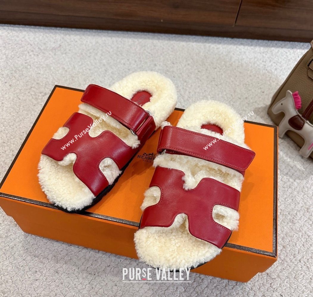 Hermes Chypre Flat Slides Sandal in Calfskin Leather and Shearling Red 2025 H102307 (MD-251023123)