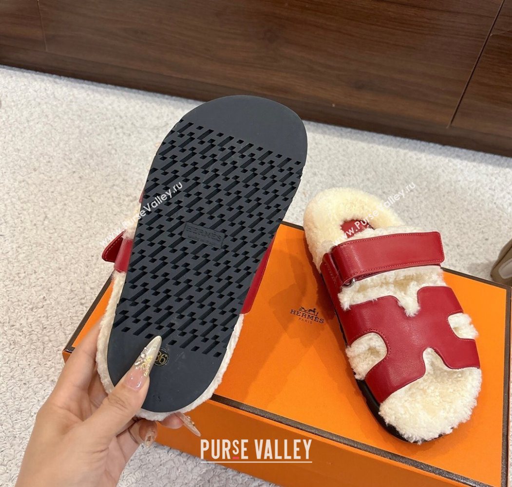 Hermes Chypre Flat Slides Sandal in Calfskin Leather and Shearling Red 2025 H102307 (MD-251023123)
