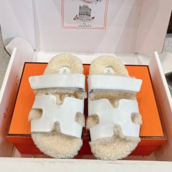 Hermes Chypre Flat Slides Sandal in Calfskin Leather and Shearling White 2025 H102307 (MD-251023124)