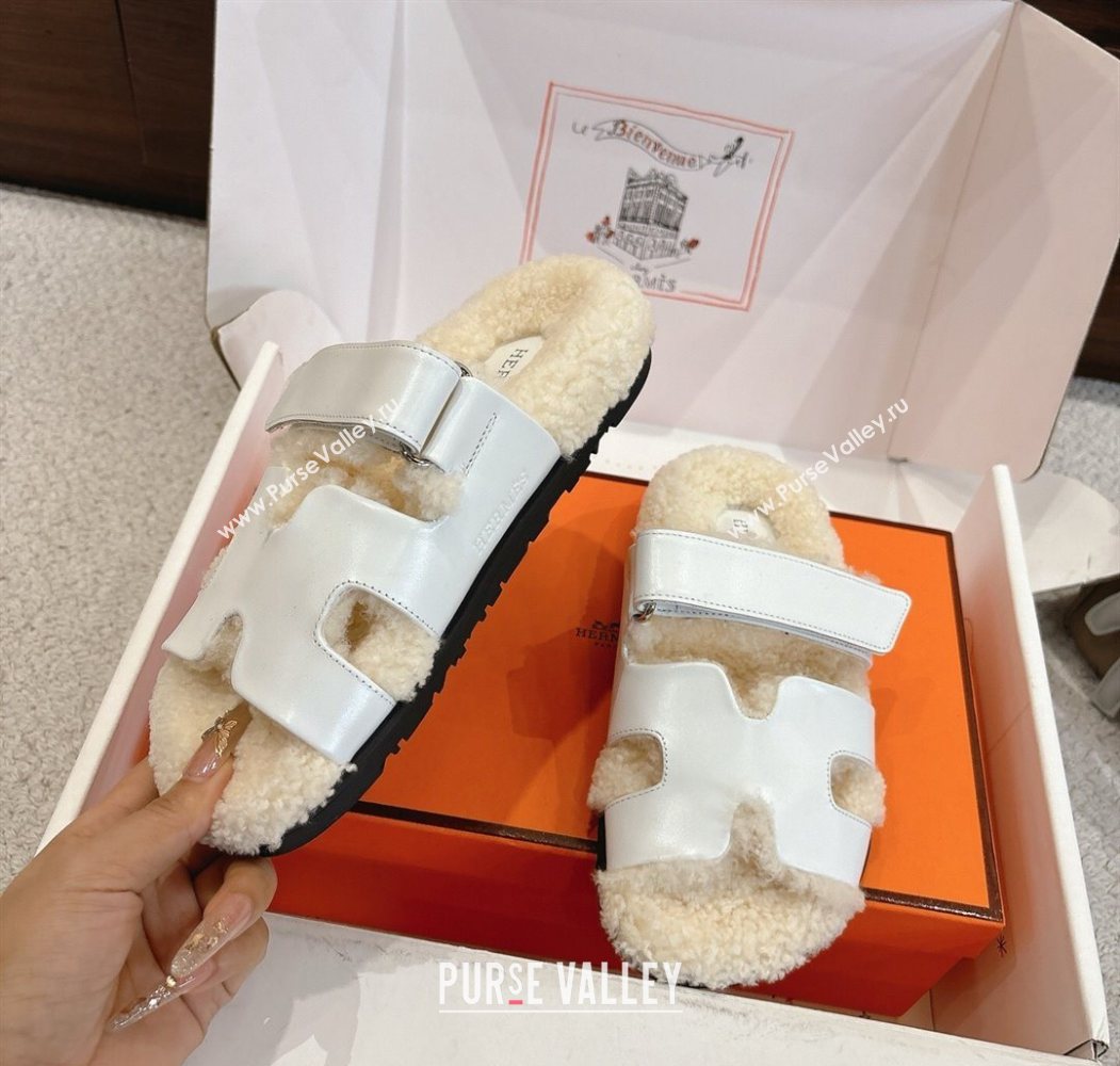 Hermes Chypre Flat Slides Sandal in Calfskin Leather and Shearling White 2025 H102307 (MD-251023124)
