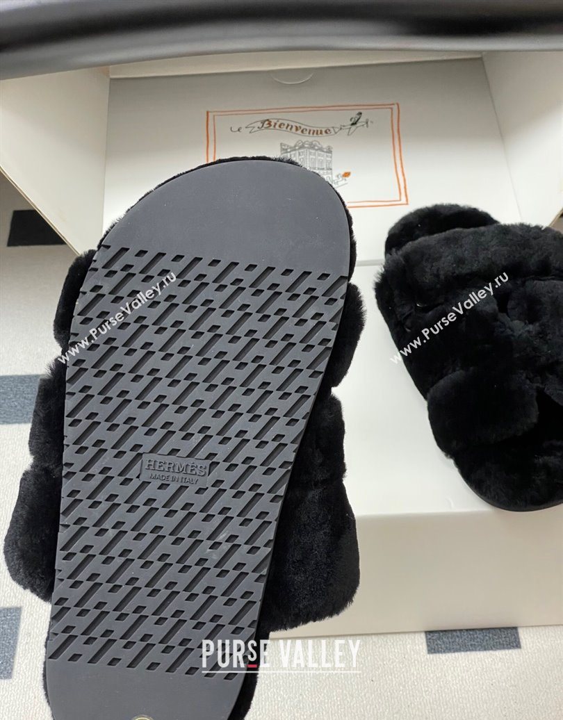 Hermes Chypre Flat Slides Sandal in Wool Black 2025 H102306 (MD-251023110)