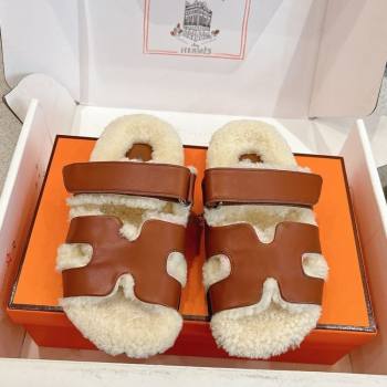Hermes Chypre Flat Slides Sandal in Calfskin Leather and Shearling Brown 2025 H102307 (MD-251023125)