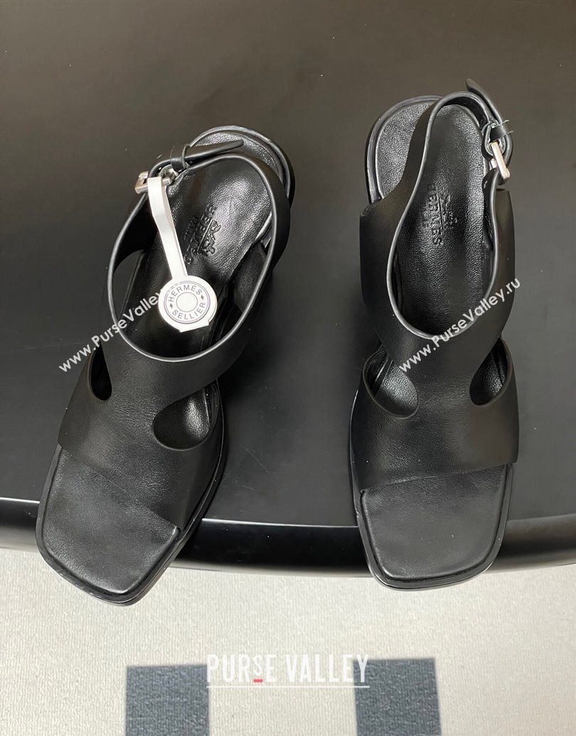 Hermes Kalya Wedge Sandals 10cm in Calfskin Leather Black 2025 (MD-251023168)