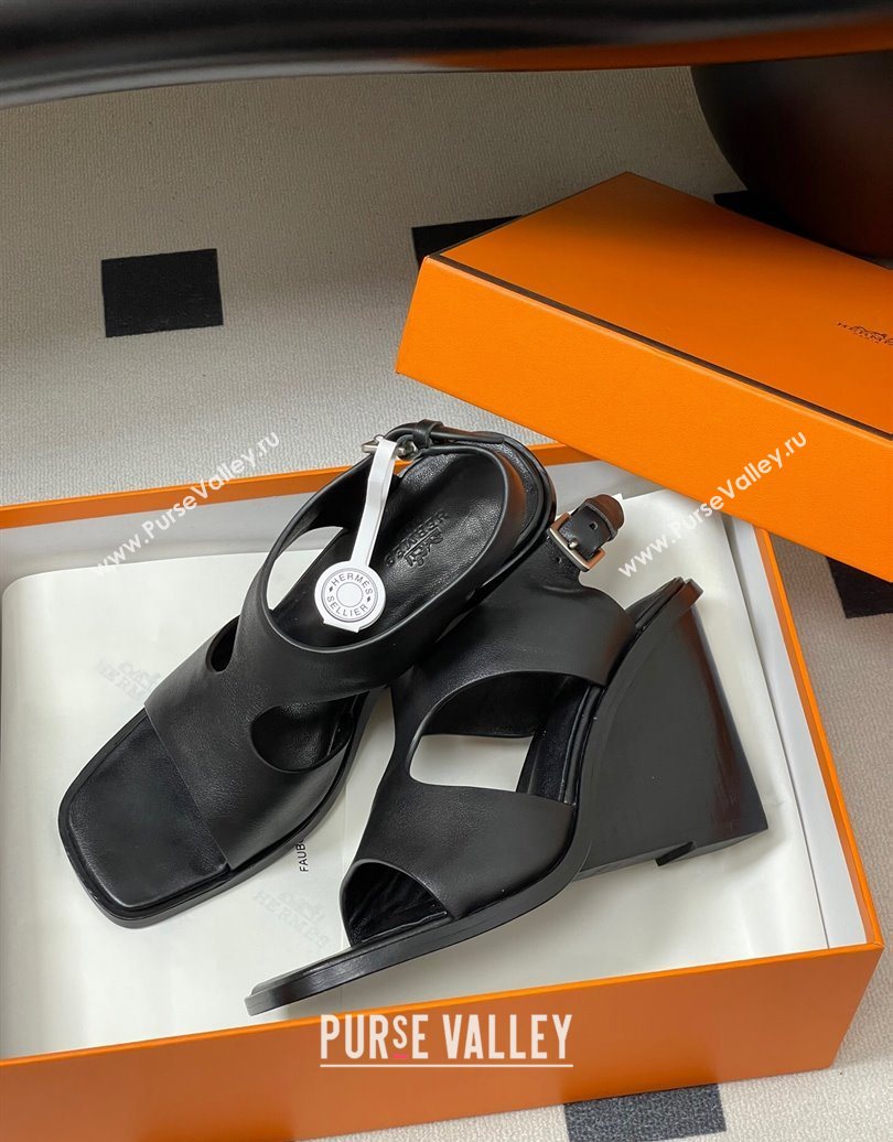 Hermes Kalya Wedge Sandals 10cm in Calfskin Leather Black 2025 (MD-251023168)