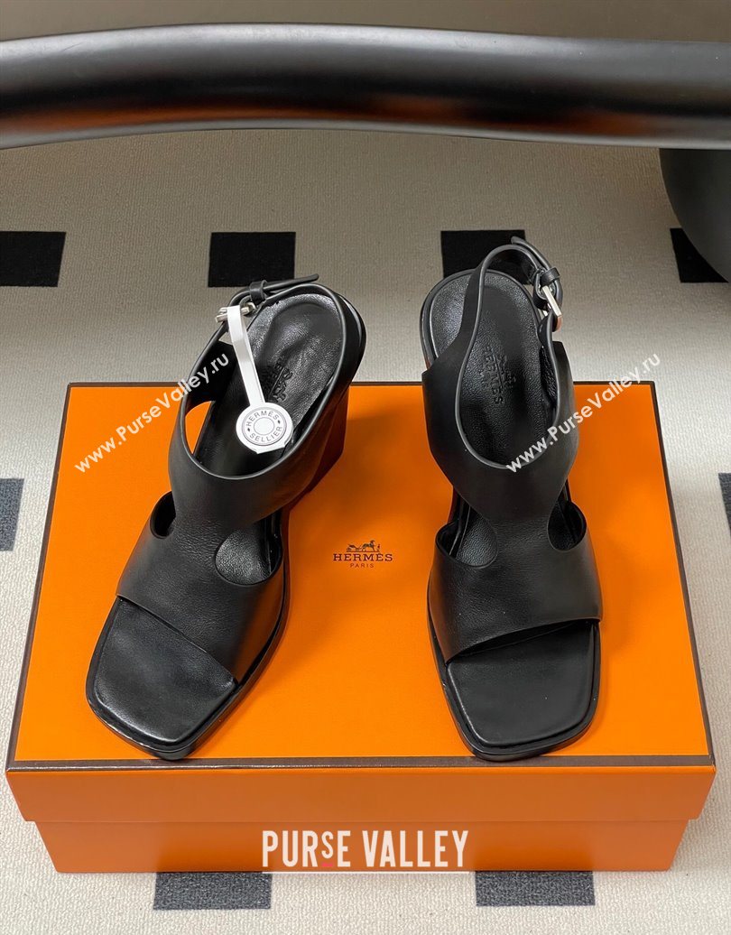 Hermes Kalya Wedge Sandals 10cm in Calfskin Leather Black 2025 (MD-251023168)
