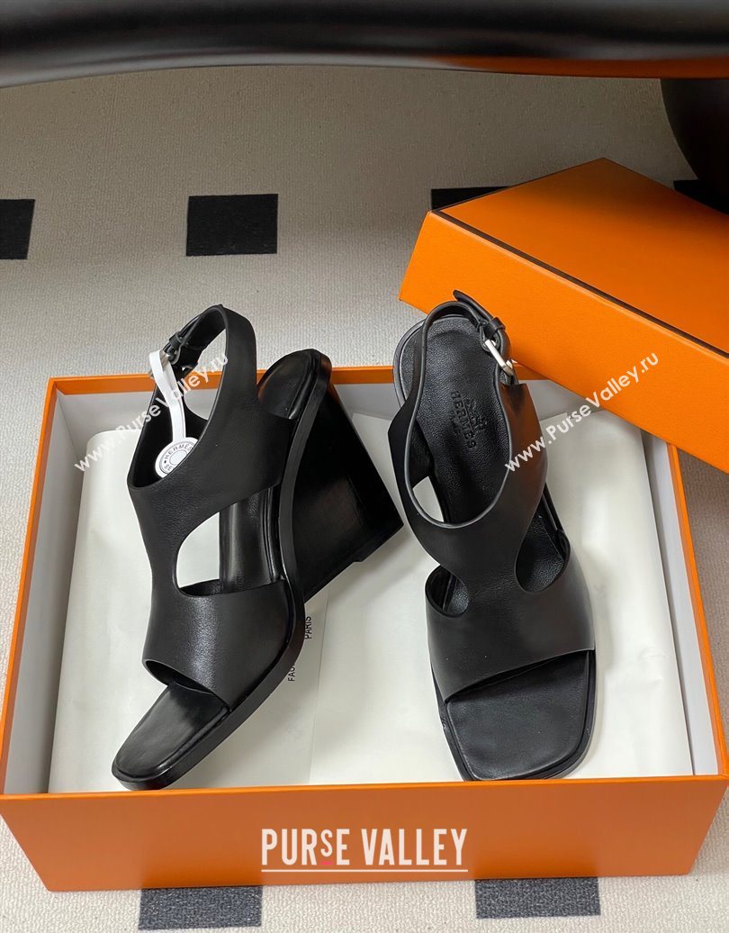 Hermes Kalya Wedge Sandals 10cm in Calfskin Leather Black 2025 (MD-251023168)