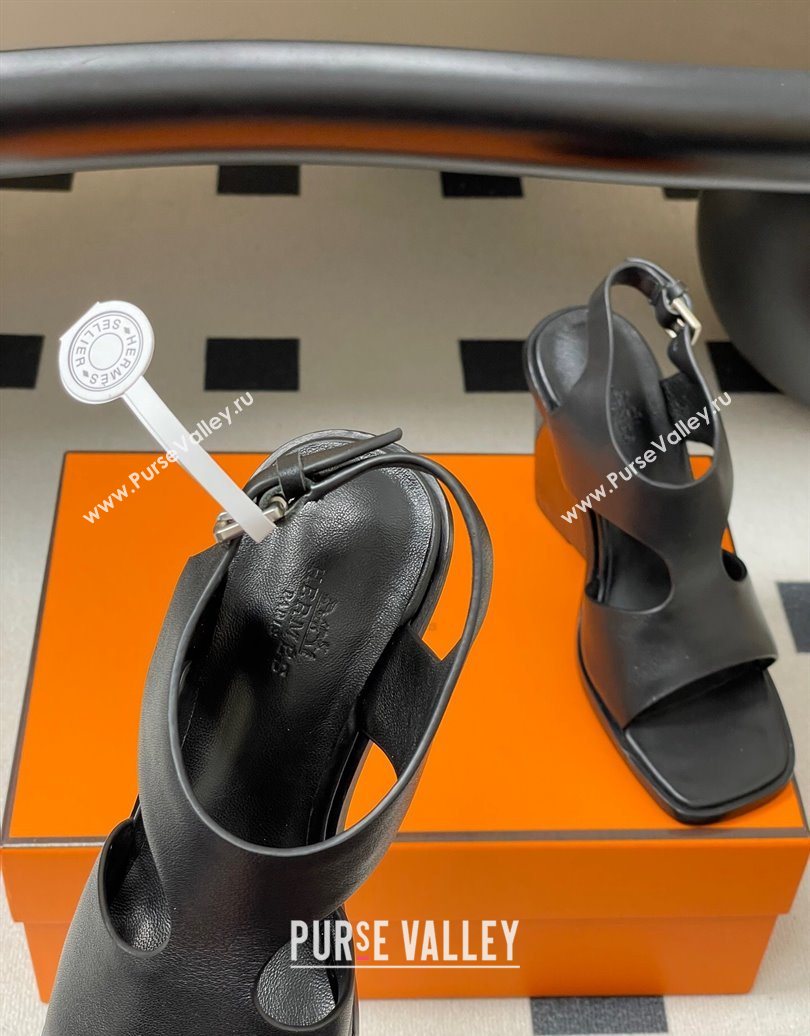 Hermes Kalya Wedge Sandals 10cm in Calfskin Leather Black 2025 (MD-251023168)