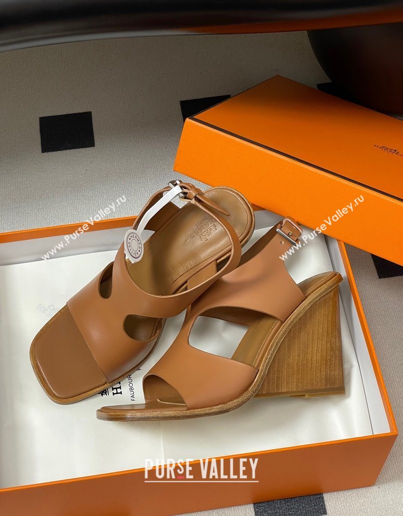 Hermes Kalya Wedge Sandals 10cm in Calfskin Leather Brown 2025 (MD-251023169)