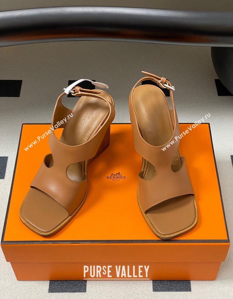 Hermes Kalya Wedge Sandals 10cm in Calfskin Leather Brown 2025 (MD-251023169)