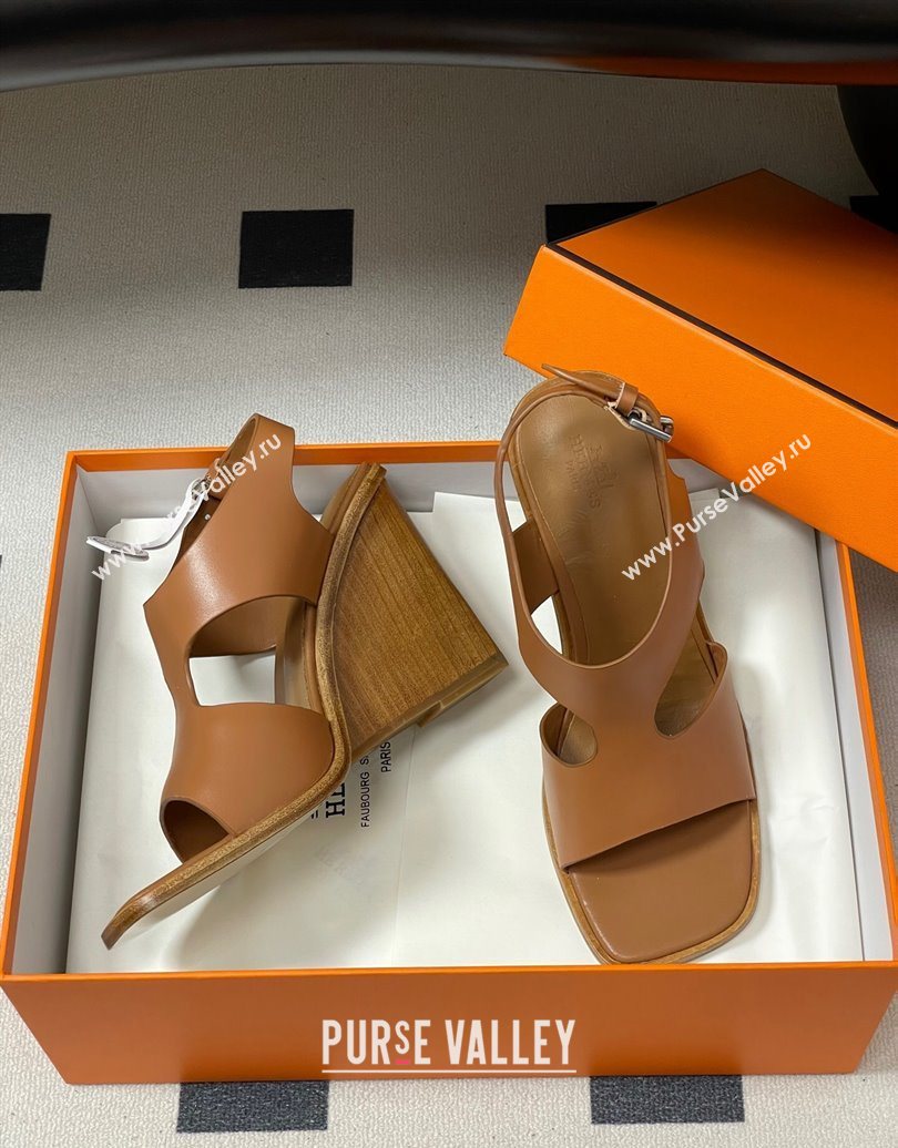 Hermes Kalya Wedge Sandals 10cm in Calfskin Leather Brown 2025 (MD-251023169)