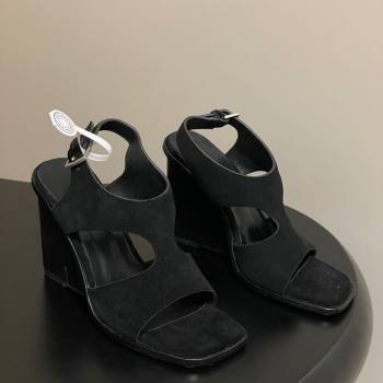 Hermes Kalya Wedge Sandals 10cm in Suede Black 2025 (MD-251023170)