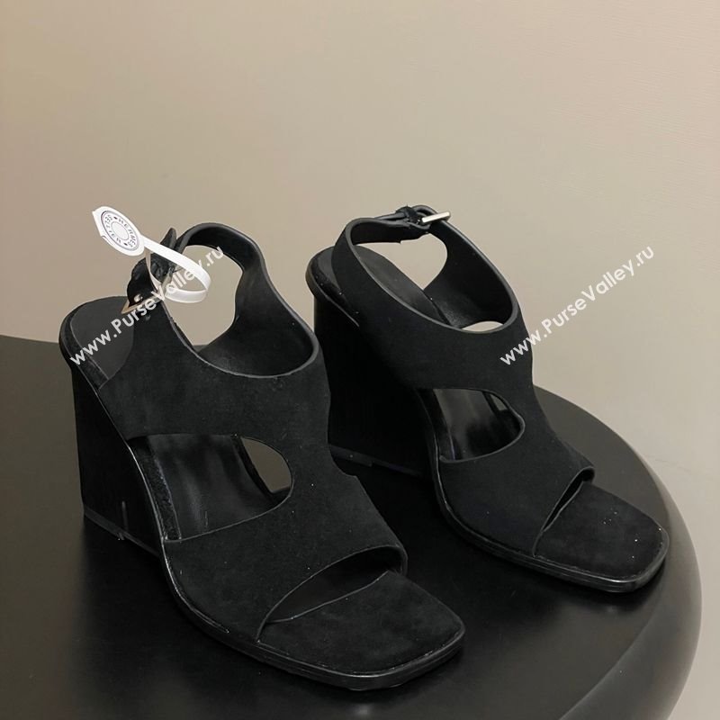 Hermes Kalya Wedge Sandals 10cm in Suede Black 2025 (MD-251023170)