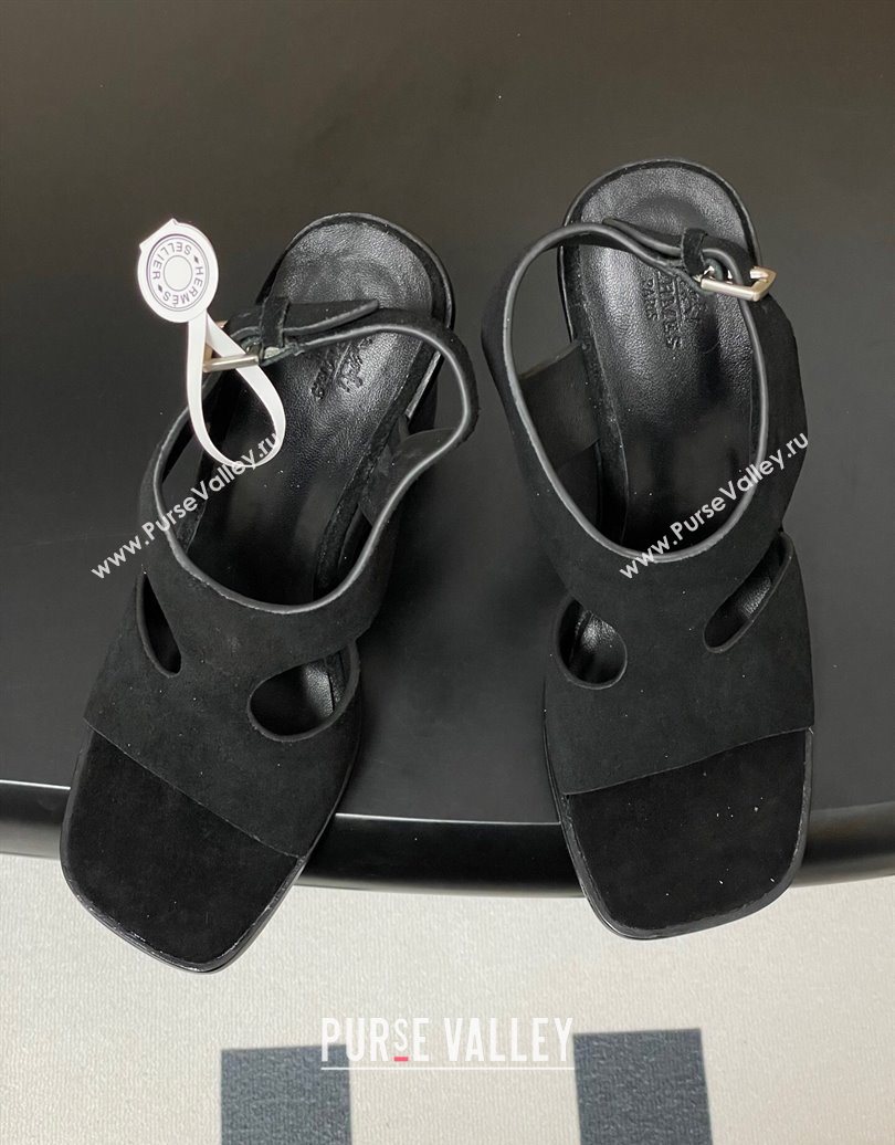 Hermes Kalya Wedge Sandals 10cm in Suede Black 2025 (MD-251023170)