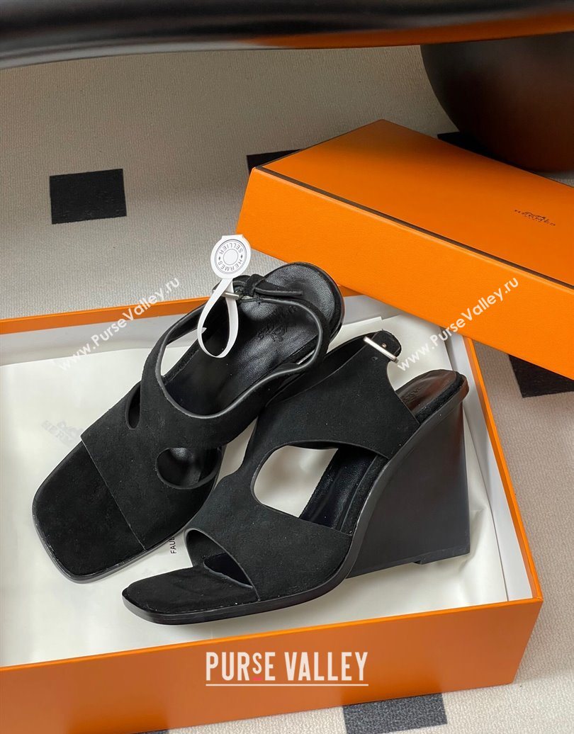 Hermes Kalya Wedge Sandals 10cm in Suede Black 2025 (MD-251023170)