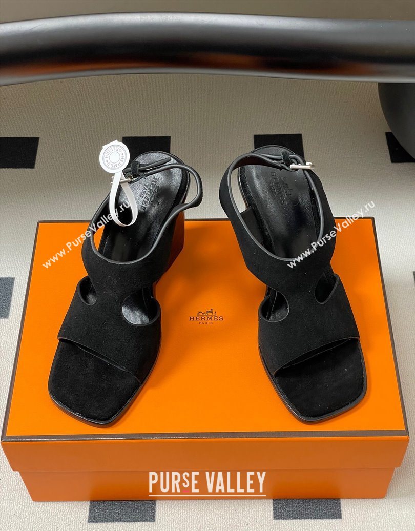 Hermes Kalya Wedge Sandals 10cm in Suede Black 2025 (MD-251023170)