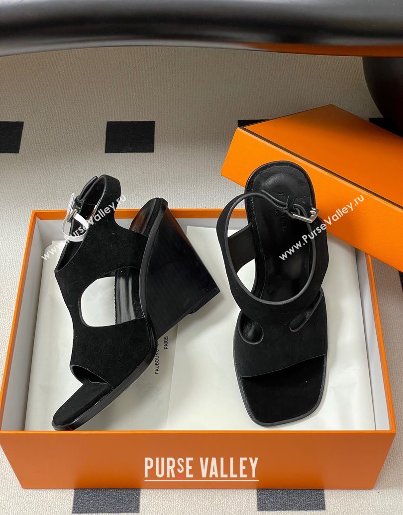 Hermes Kalya Wedge Sandals 10cm in Suede Black 2025 (MD-251023170)