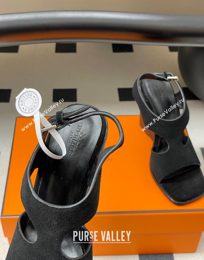 Hermes Kalya Wedge Sandals 10cm in Suede Black 2025 (MD-251023170)